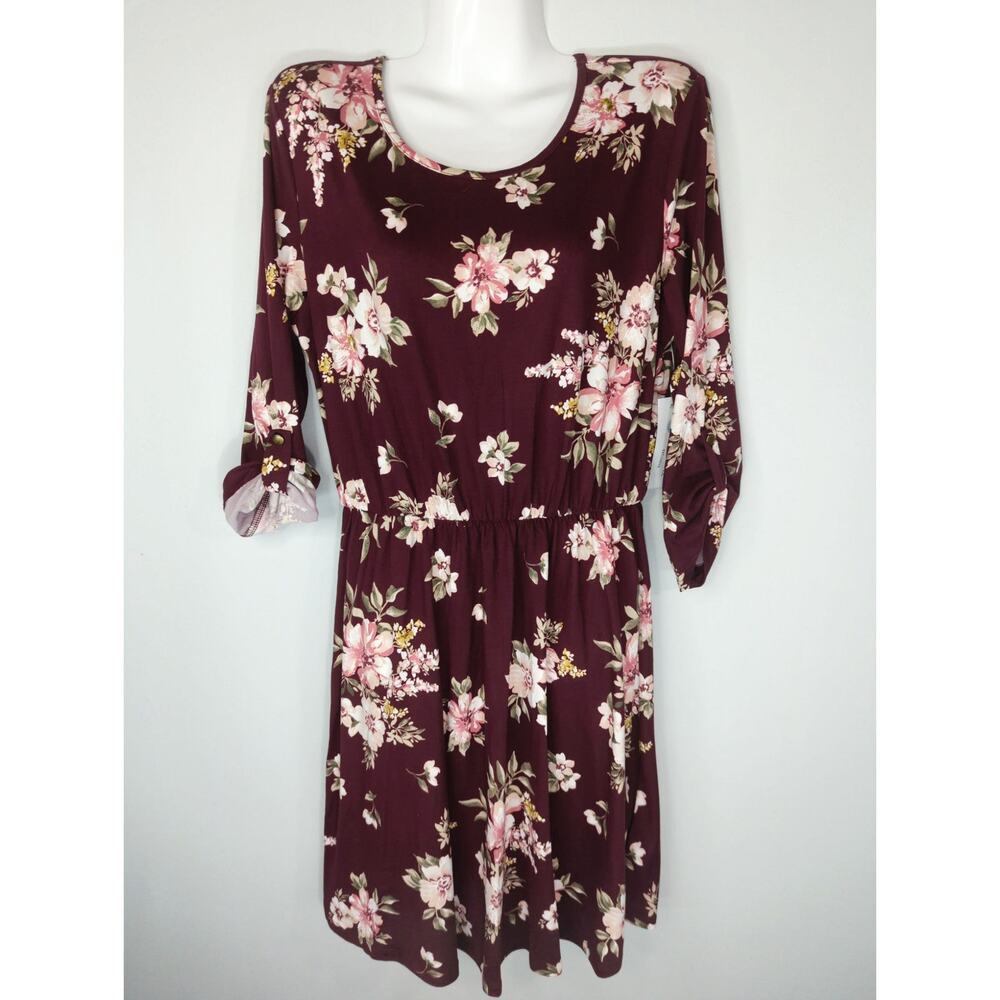 French Grey Women's Floral Brushed Knit Dress Burgundy Medium‎ NWT Bohemian